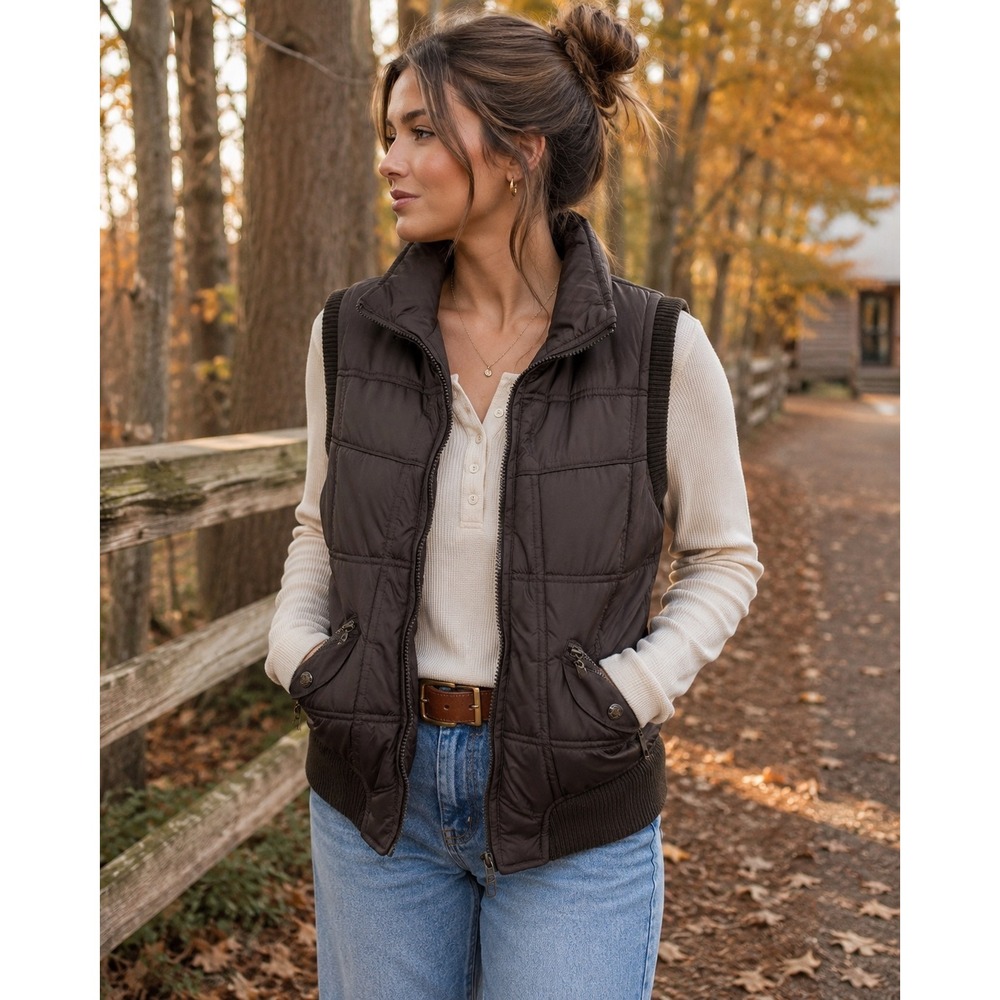 Dollhouse Brown Puffer Vest XL Quilted Zip Front Rib Knit Hem Utility Pockets